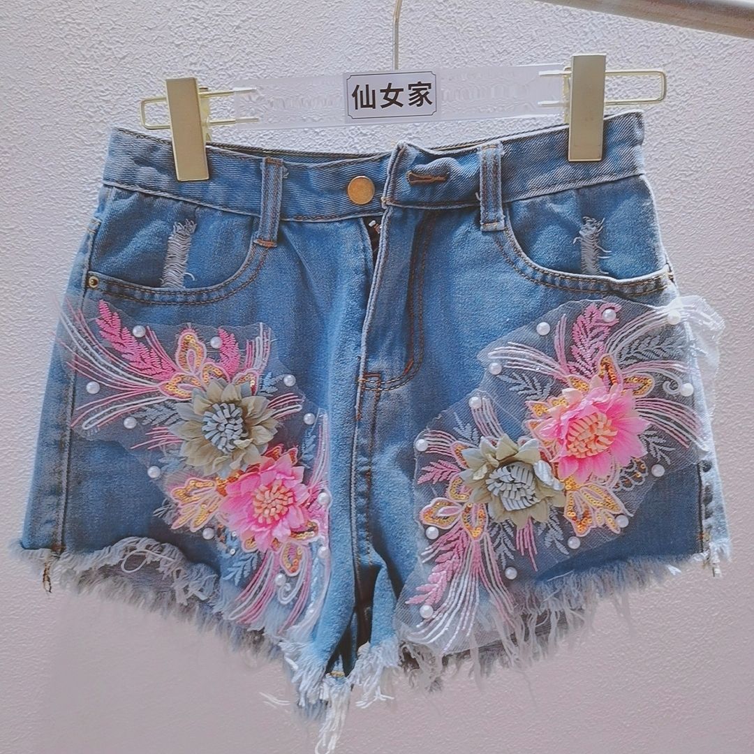 Корейские модные женские летни – обзор и цена Embroidery Jeans Sakura